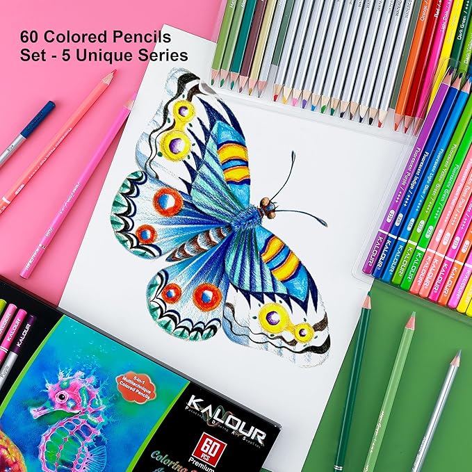 KALOUR 60 Art Drawing Set, Multi-Technique Colored Pencils with Oil-Based, Metallic, Watercolor, Neon, Macaron Pastels.for Artists, Adults.Art Supplies for Sketching, Coloring & DIY Crafts