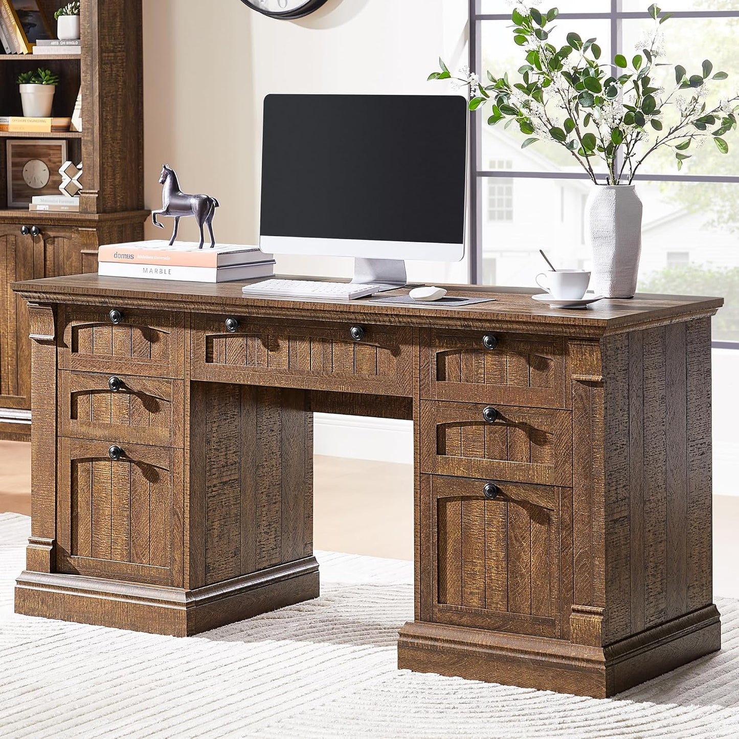 OKD 60" Executive Desk with Drawers, Farmhouse Home Office Desk with Charging Station, Keyboard Tray, File Cabinet Storage, Wood Computer Desk for Work and Study, Reclaimed Barnwood