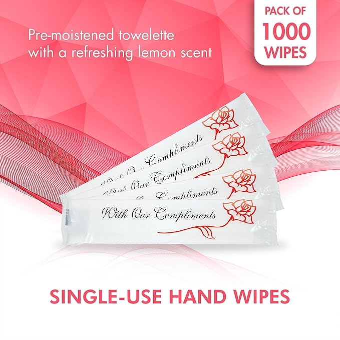 Diamond Wipes Pre-moistened Hand Wipes - “With Our Compliments” Logo 10x8” Extra Thick Lemon-Scented Pack of 1000 Individually Wrapped Wet Wipes