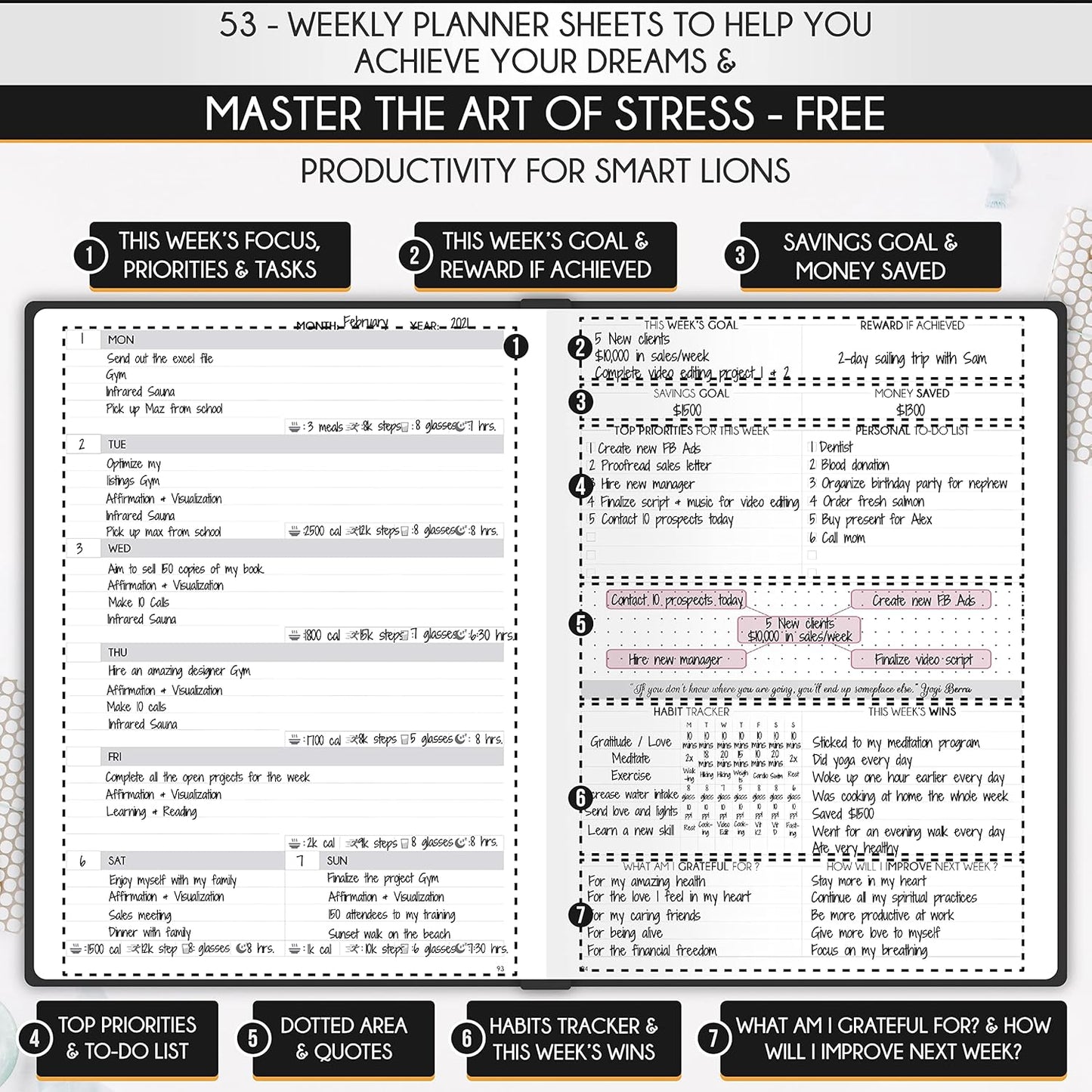 Life Planner - Undated Daily, Weekly & Monthly Planner with Budget Section | A 12 Month Journey to Increase Productivity & Happiness | Life Organizer & Gratitude Journal - Horizontal Format