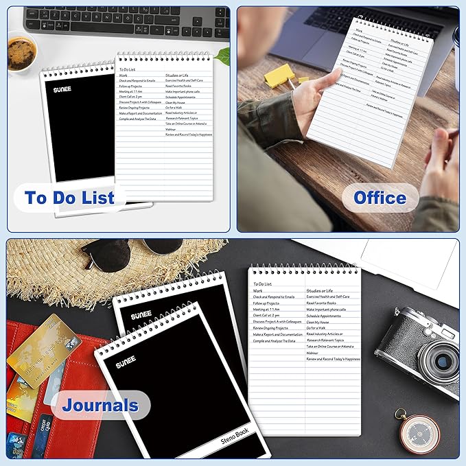 SUNEE 12 Pack Steno Pads 6x9, Gregg Rule, 60 Sheets, Spiral Notebook 6x9, White Paper, Take Notes with Top Spiral Notebook, for School, University, College, Work, Office, Black
