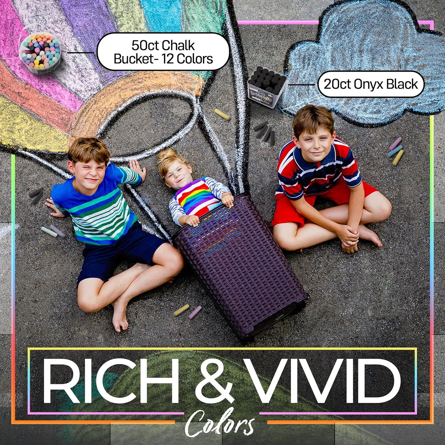 Loddie Doddie Sidewalk Chalk for Kids - 50 Count, 12 Multicolor Jumbo Sticks - Non-Toxic & Washable Bulk Chalk Pack in Reusable Bucket - Easy Grip for Vibrant Outdoor Kids Activities