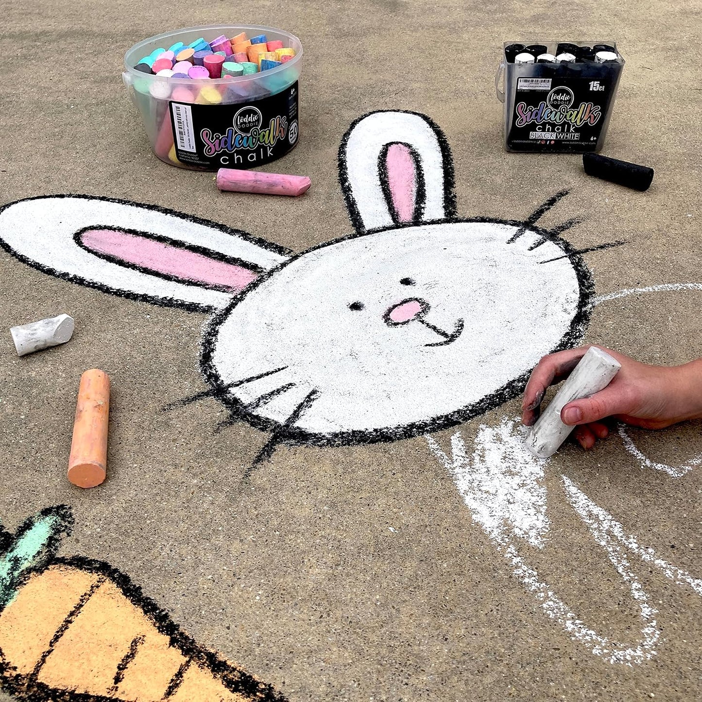 Loddie Doddie Jumbo White Sidewalk Chalk - 20-Count Non-Toxic Bucket with Holder - Easy-Grip Low-Dust Sticks - Sidewalk Chalk for Kids & Outdoor Kids Activities