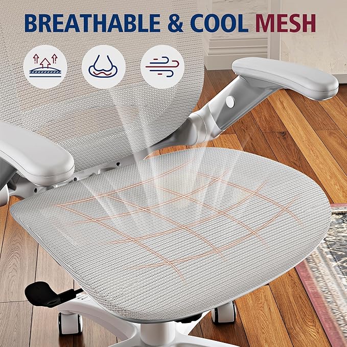 GABRYLLY Ergonomic Office Chair, High Back Home Desk Chair with Headrest, Flip-Up Arms, 90-120° Tilt Lock and Wide Cushion, 400LBS Mesh Chairs for Man Woman, White Task Chair(Grey,GY01WG)