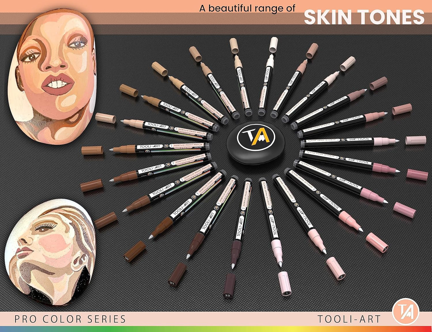 Acrylic Paint Pens 22 Skin Tones Assorted Pro Color Series Markers Set 0.7mm Extra Fine Tip for Rock Painting, Glass, Mugs, Wood, Metal, Canvas, Projects, Non Toxic, Waterbased, Quick Drying
